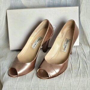 Jimmy Choo Metallic Peep-Toe Heels – Size 39 – With Box & Dust Bag